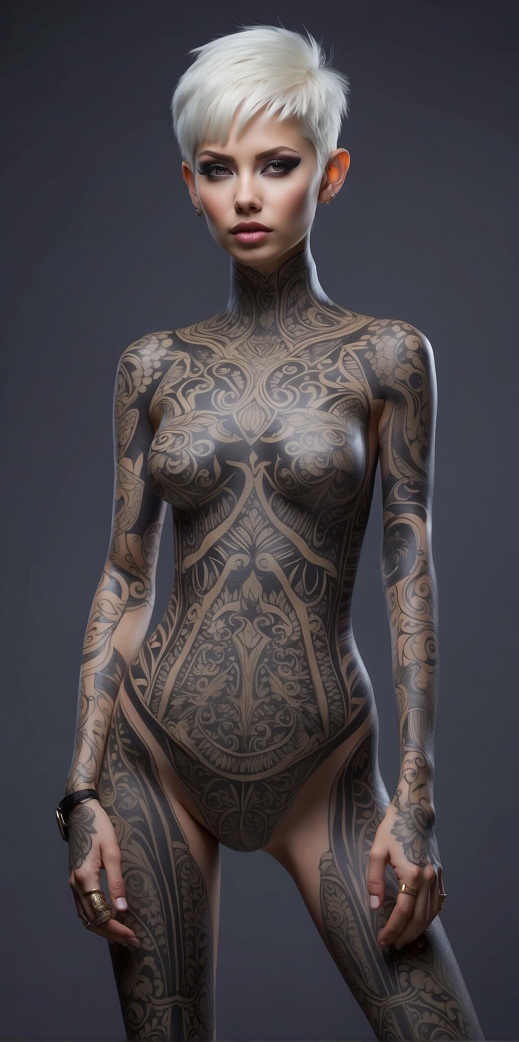 Tattooed platinum blonde woman