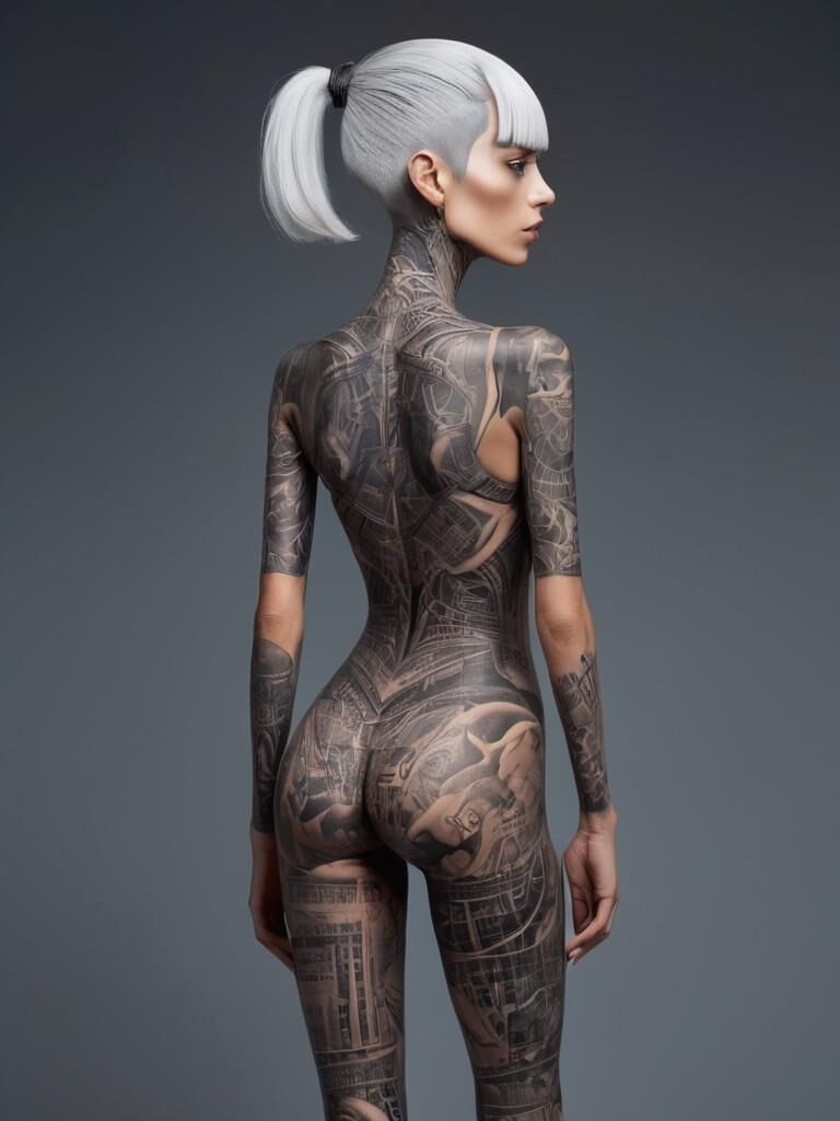 Skinny extreme tattooed woman