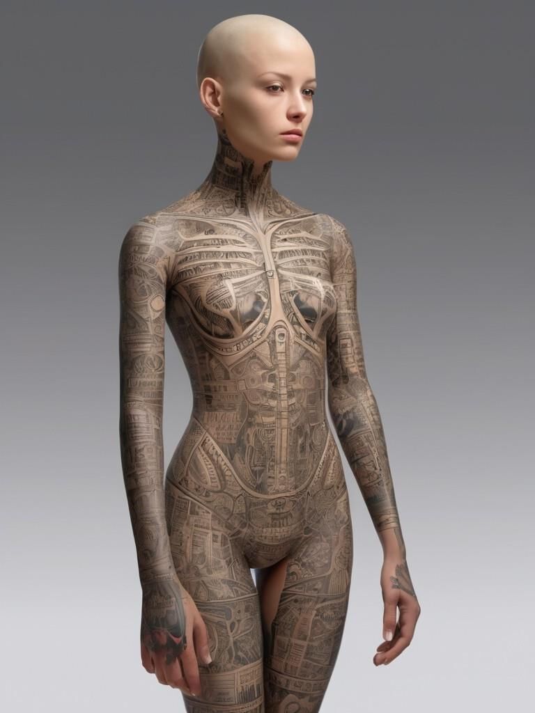 Skinny extreme tattooed woman