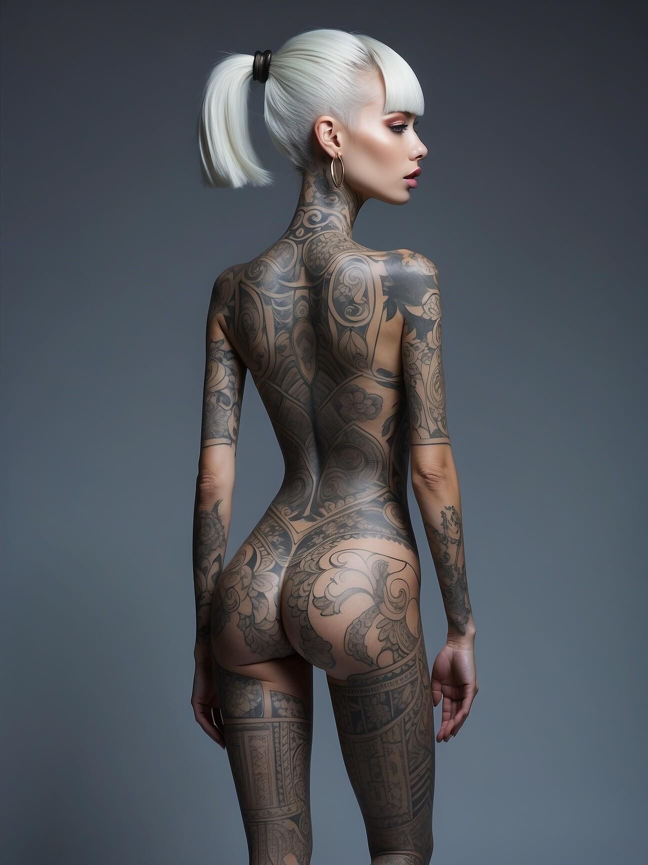 Tattooed platinum blonde woman