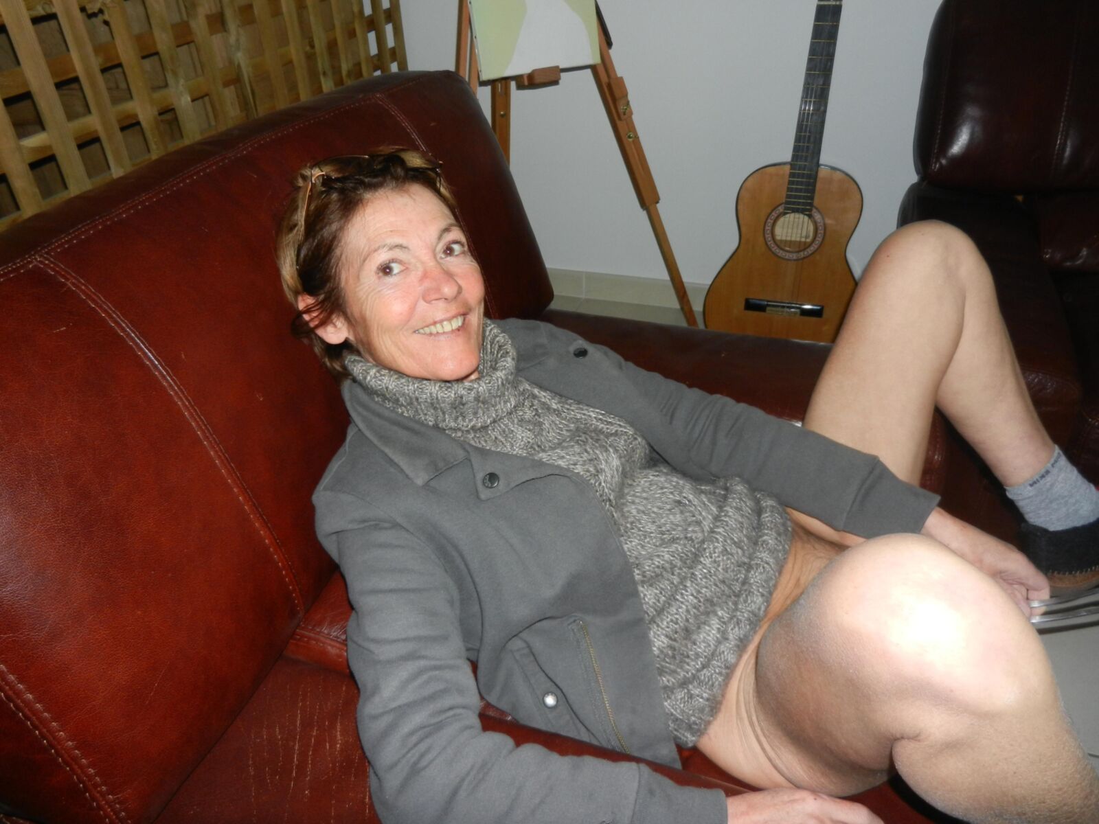 Slut skinny granny Annie on sofa using fork as toy HD