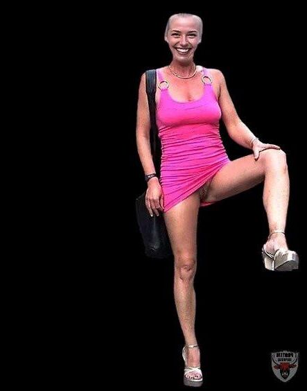 Blonde girl in pink going commando