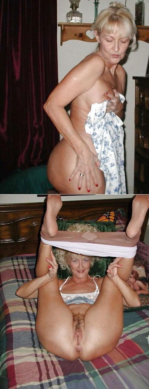 La grand-mère blonde écarte ses jambes