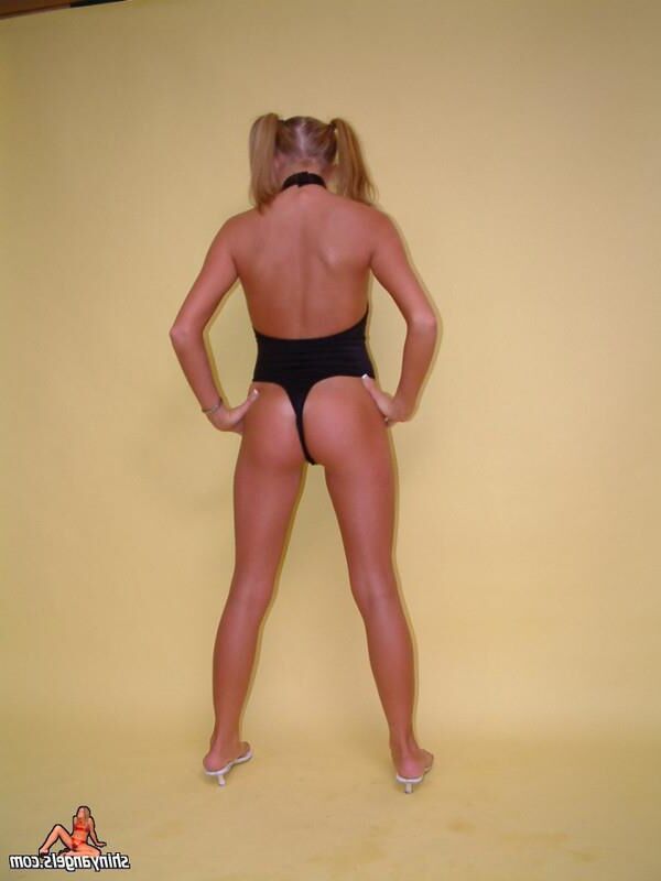 black leotard blond pigtails thong