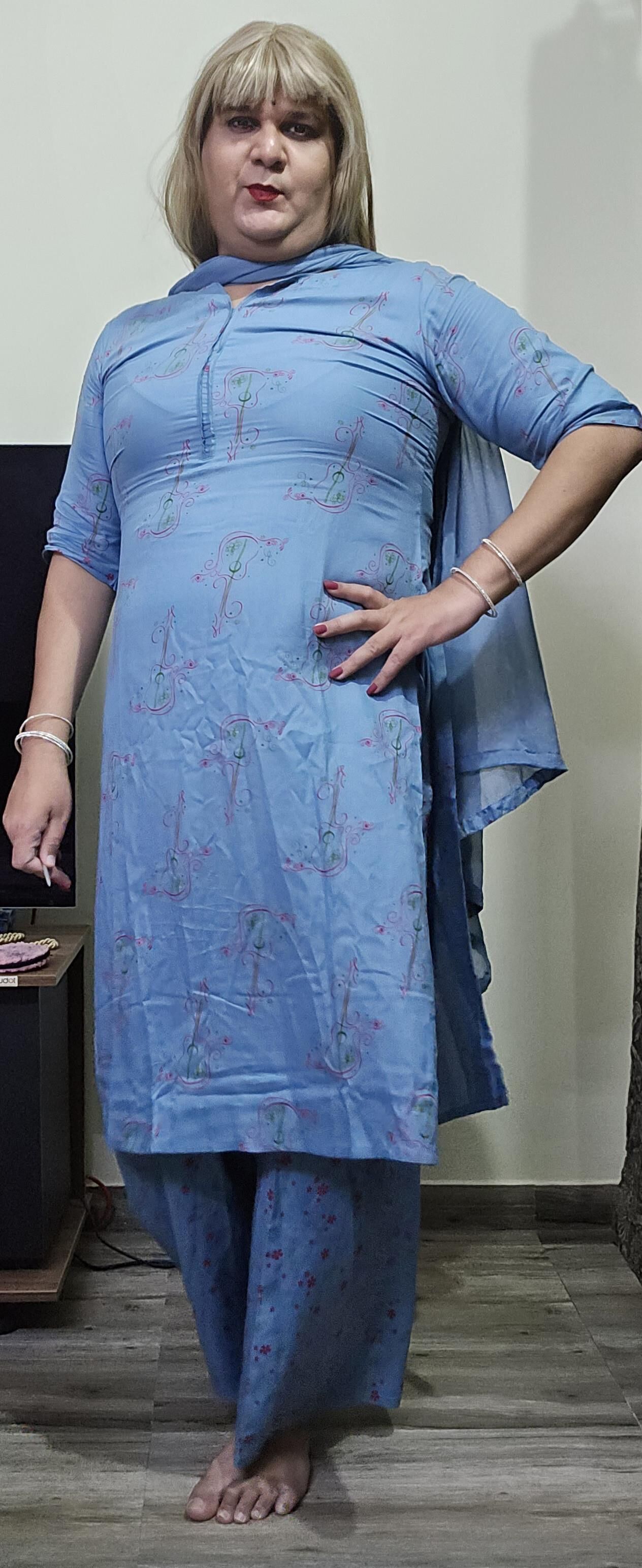 blonde shemale monica m in blue dress