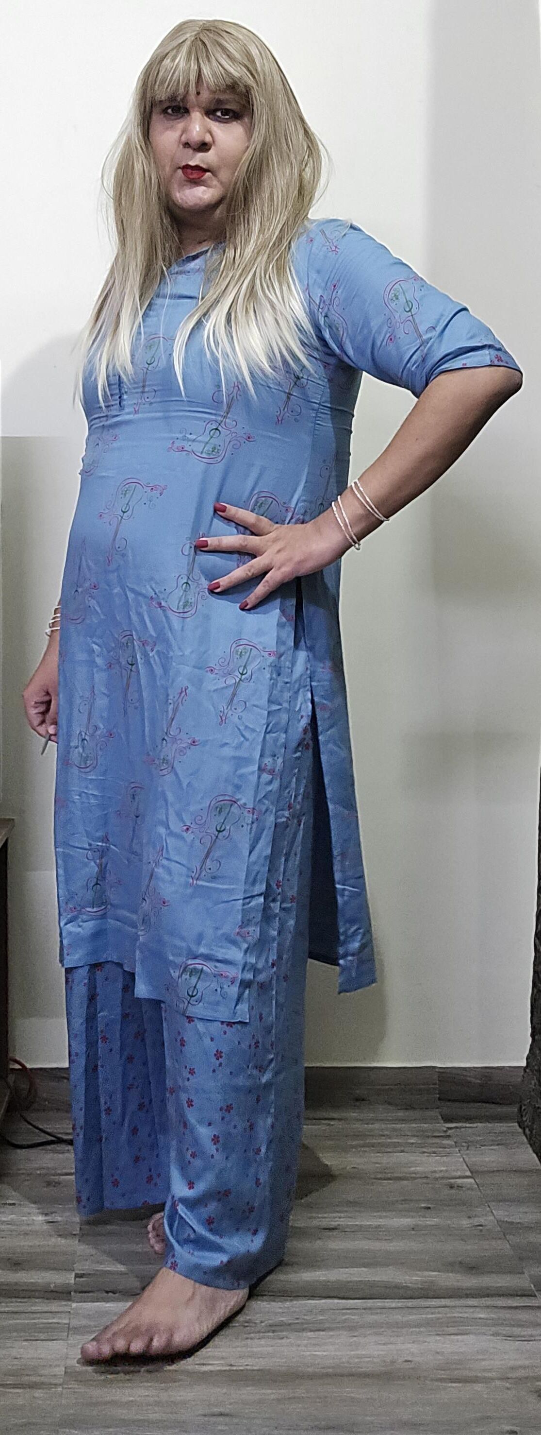 blonde shemale monica m in blue dress