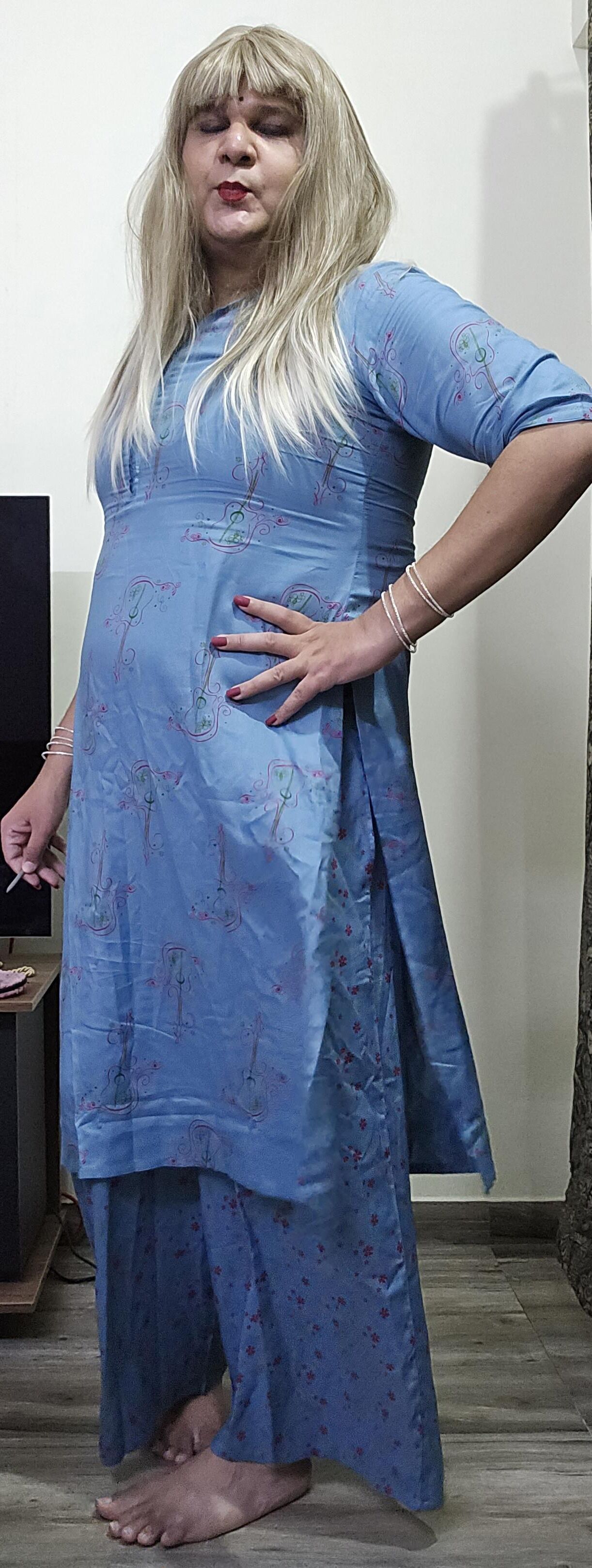 blonde shemale monica m in blue dress