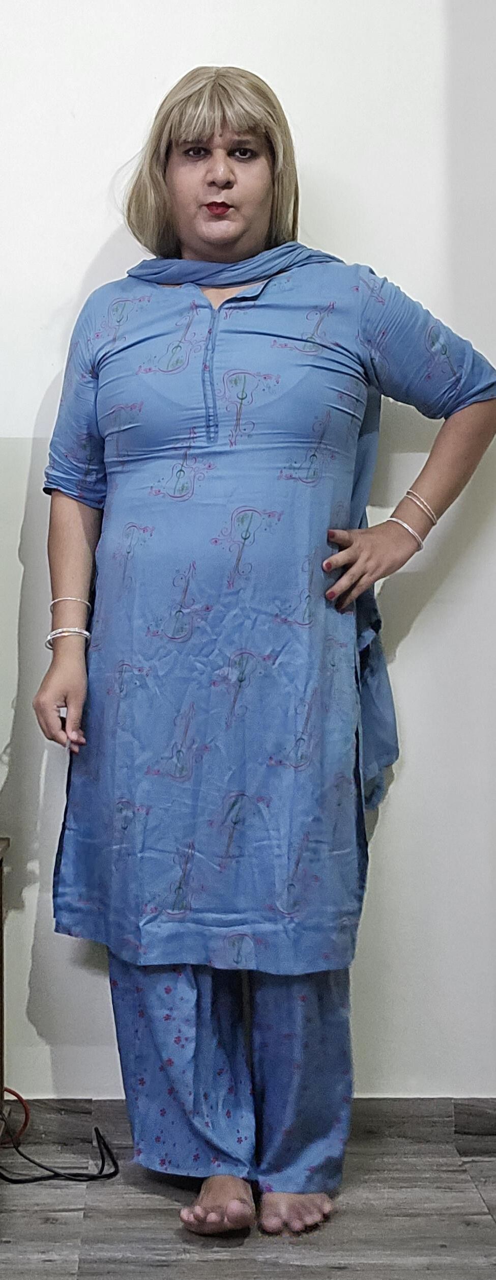 blonde shemale monica m in blue dress