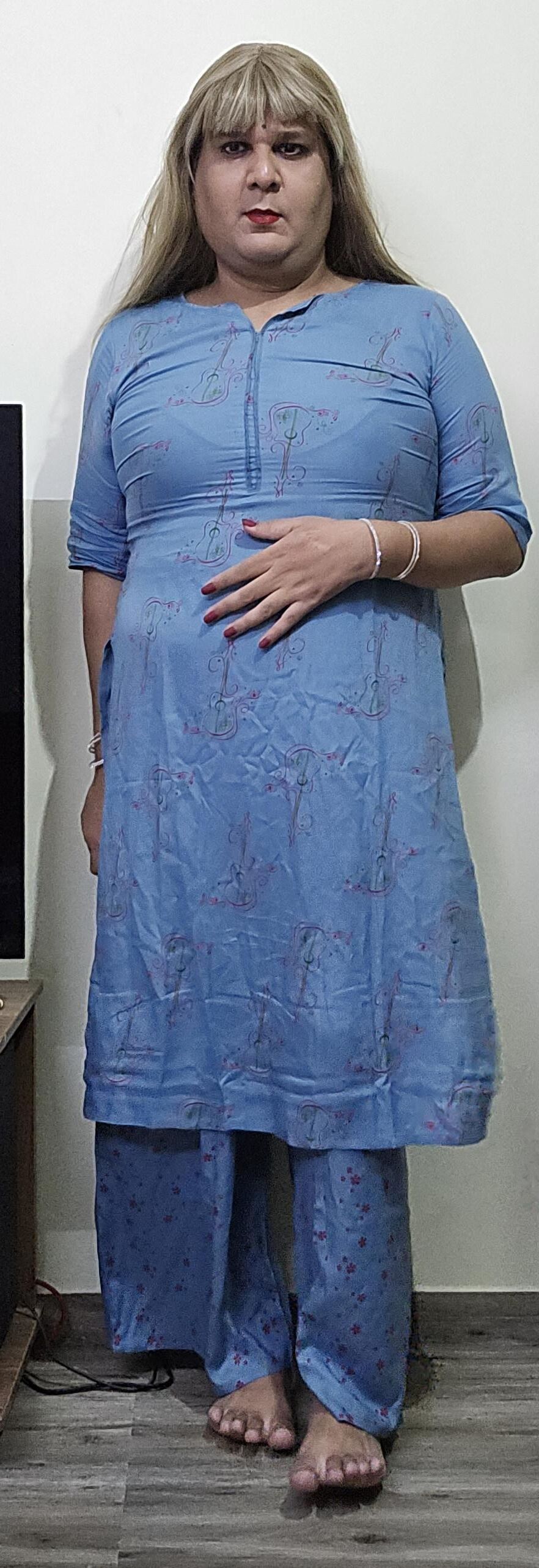 blonde shemale monica m in blue dress