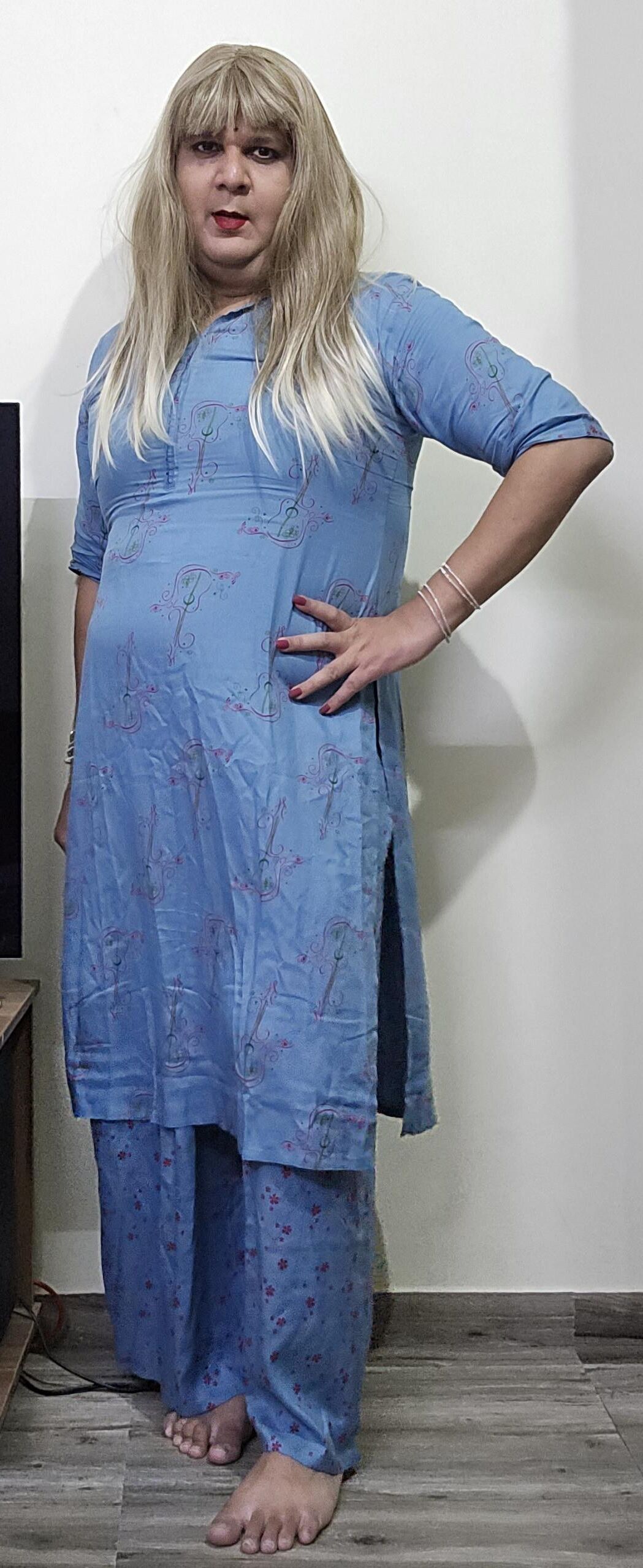 blonde shemale monica m in blue dress