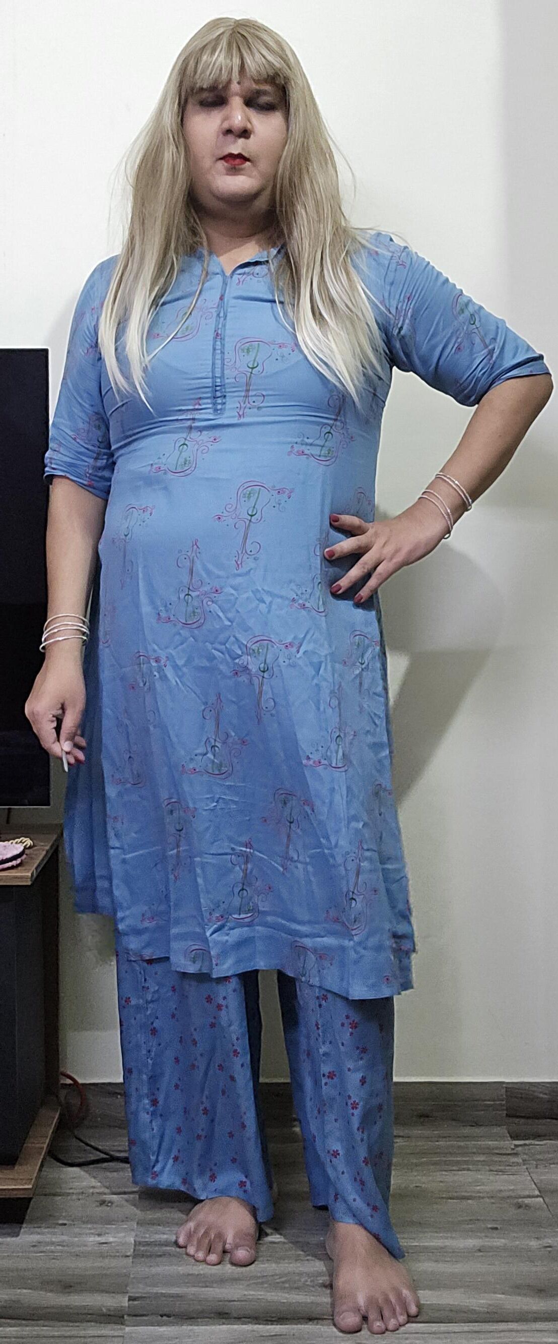 blonde shemale monica m in blue dress