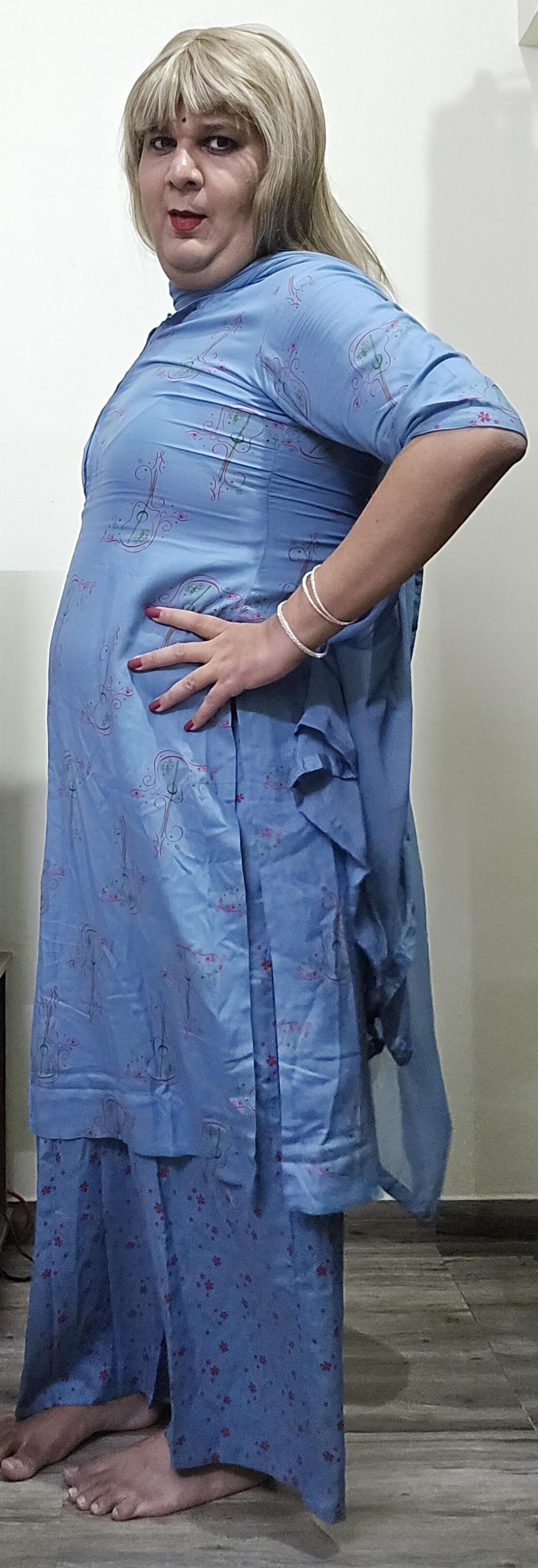 blonde shemale monica m in blue dress