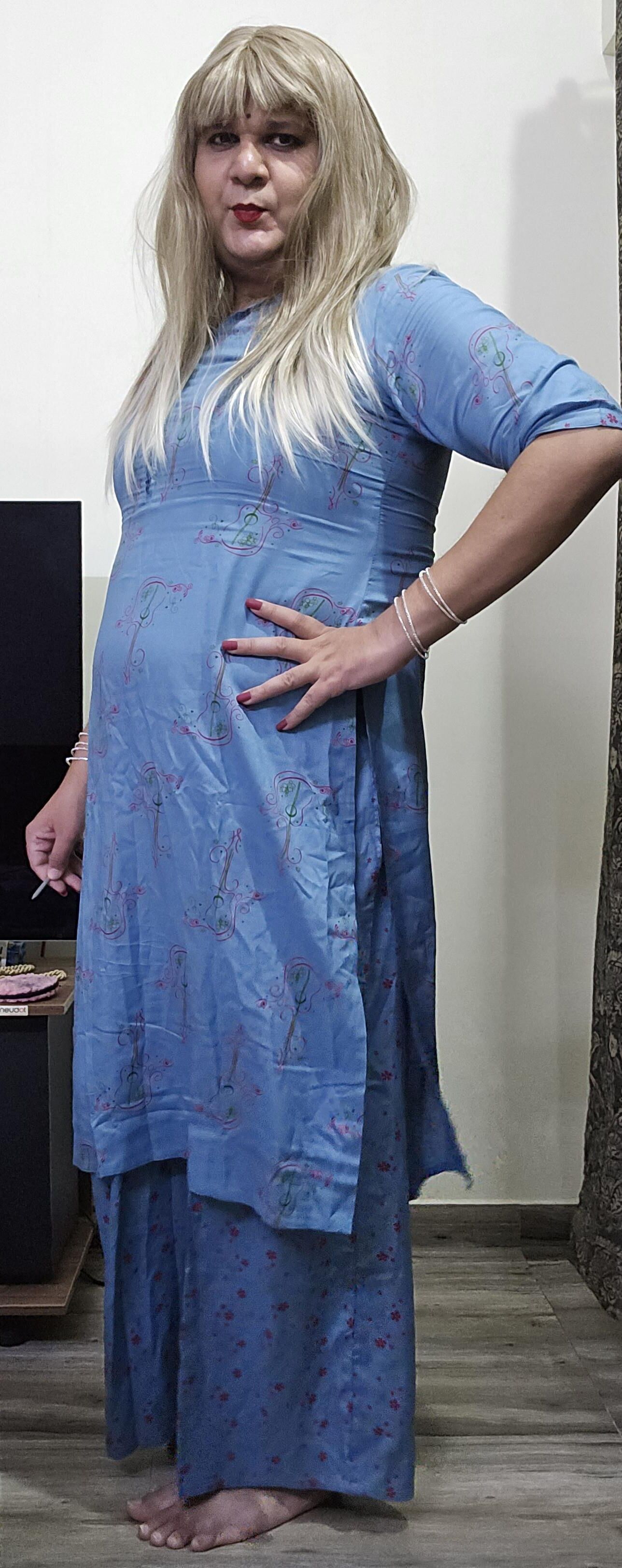 blonde shemale monica m in blue dress