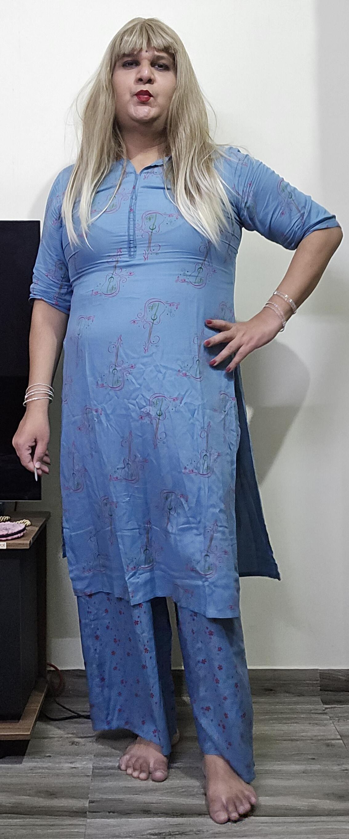 blonde shemale monica m in blue dress