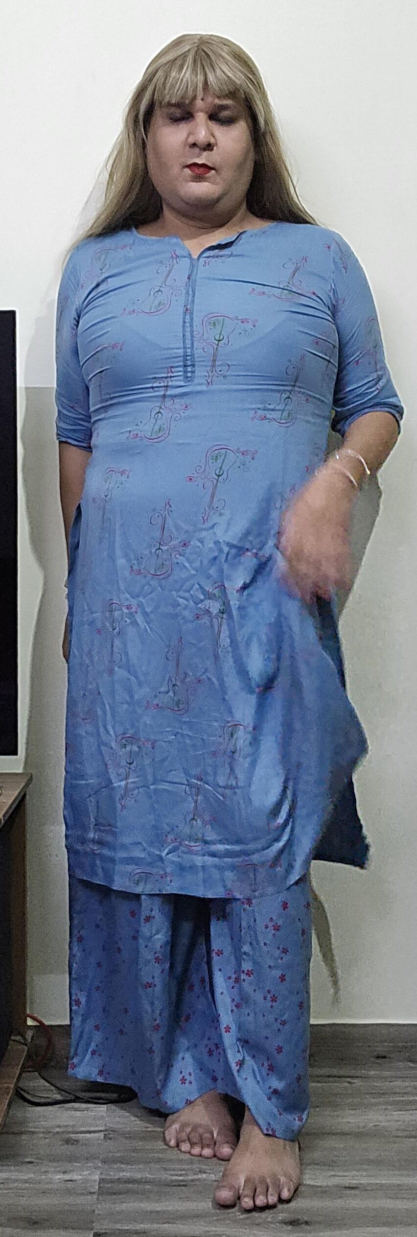 blonde shemale monica m in blue dress