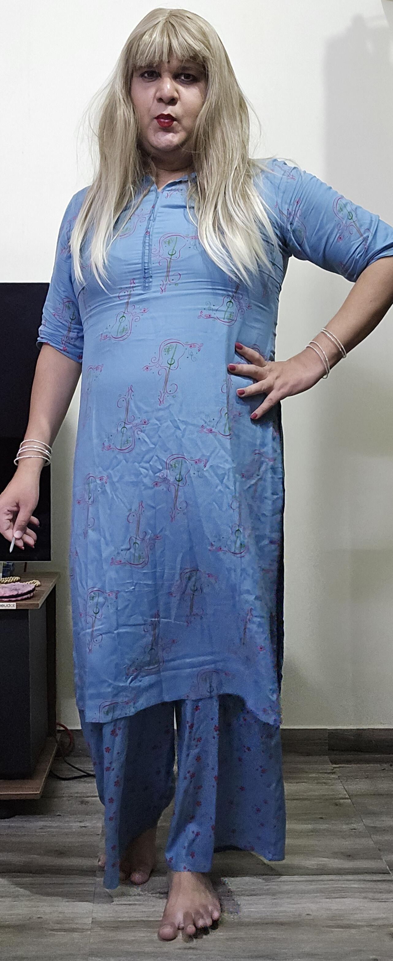 blonde shemale monica m in blue dress