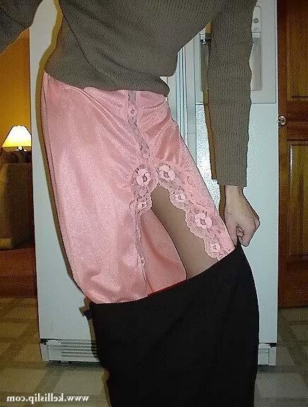 Kelli TH Brown sweater and peach half slip