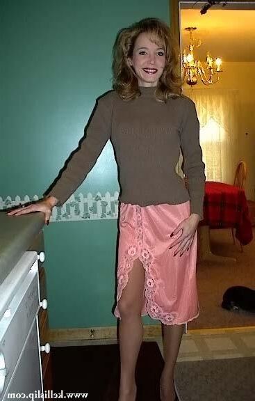Kelli TH Brown sweater and peach half slip