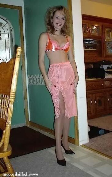 Kelli TH Brown sweater and peach half slip