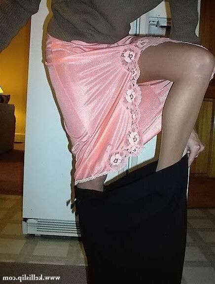 Kelli TH Brown sweater and peach half slip