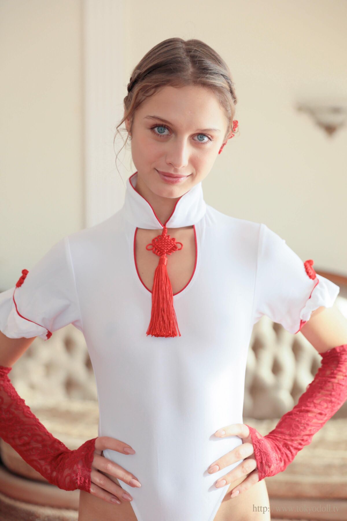 Alexa D VIP Set White Leotard, Red Stockings