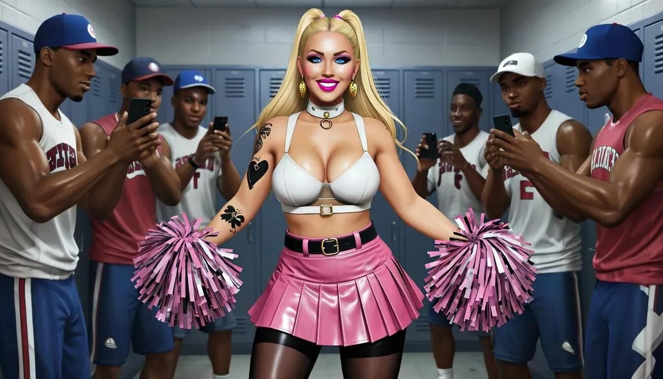 AIブロンドのチアリーダーは、黒いスポーツのための女のただの女です