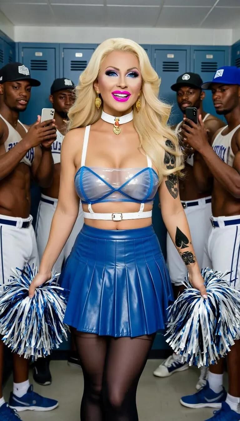 AIブロンドのチアリーダーは、黒いスポーツのための女のただの女です