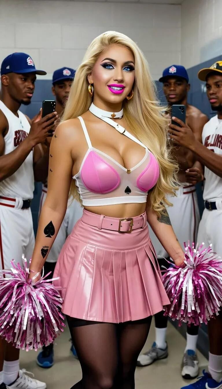 AIブロンドのチアリーダーは、黒いスポーツのための女のただの女です