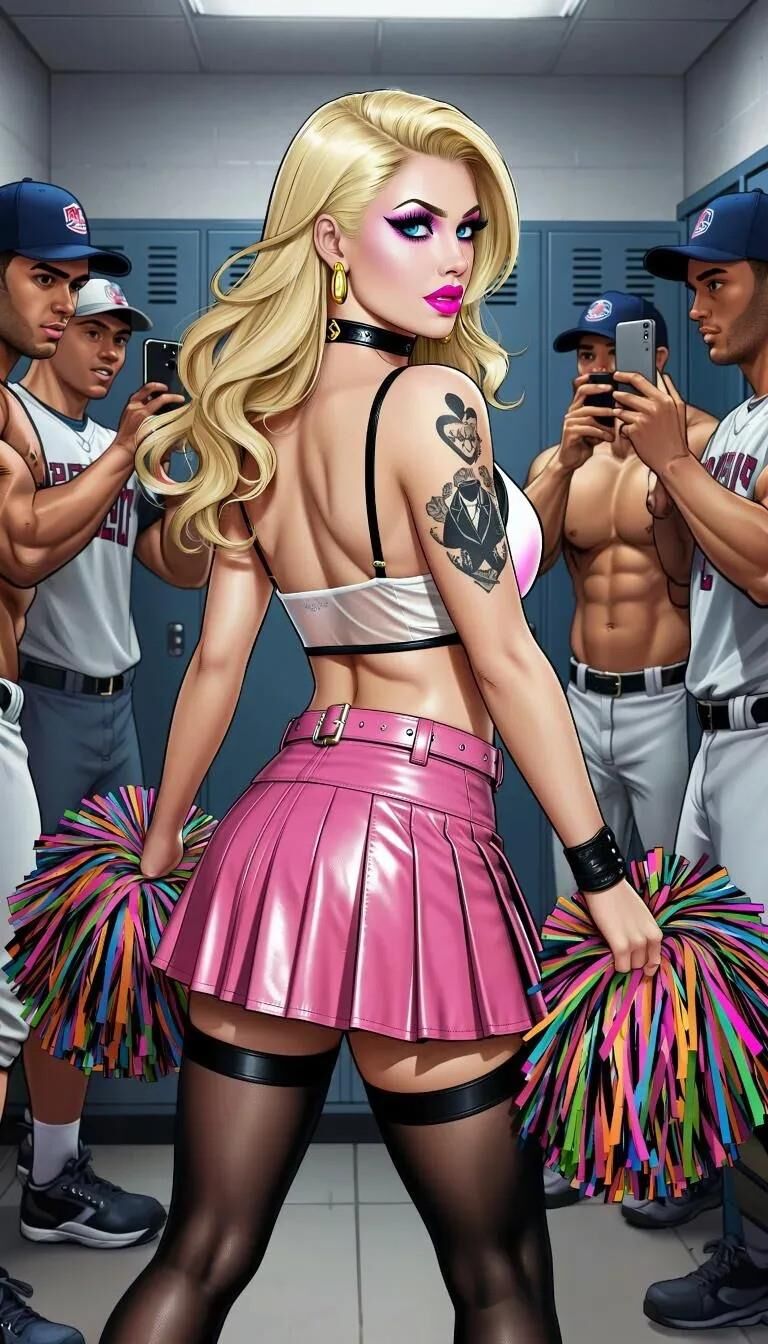 AIブロンドのチアリーダーは、黒いスポーツのための女のただの女です