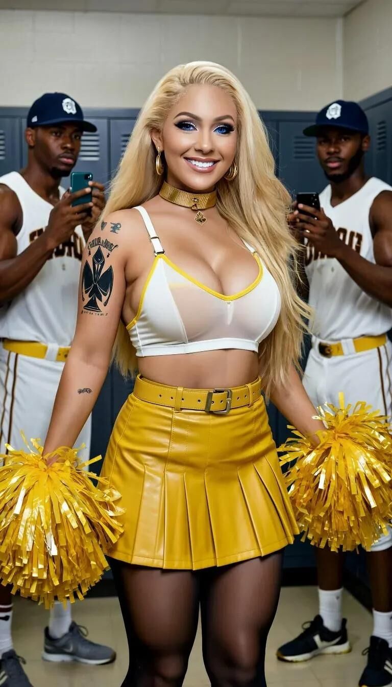 AIブロンドのチアリーダーは、黒いスポーツのための女のただの女です
