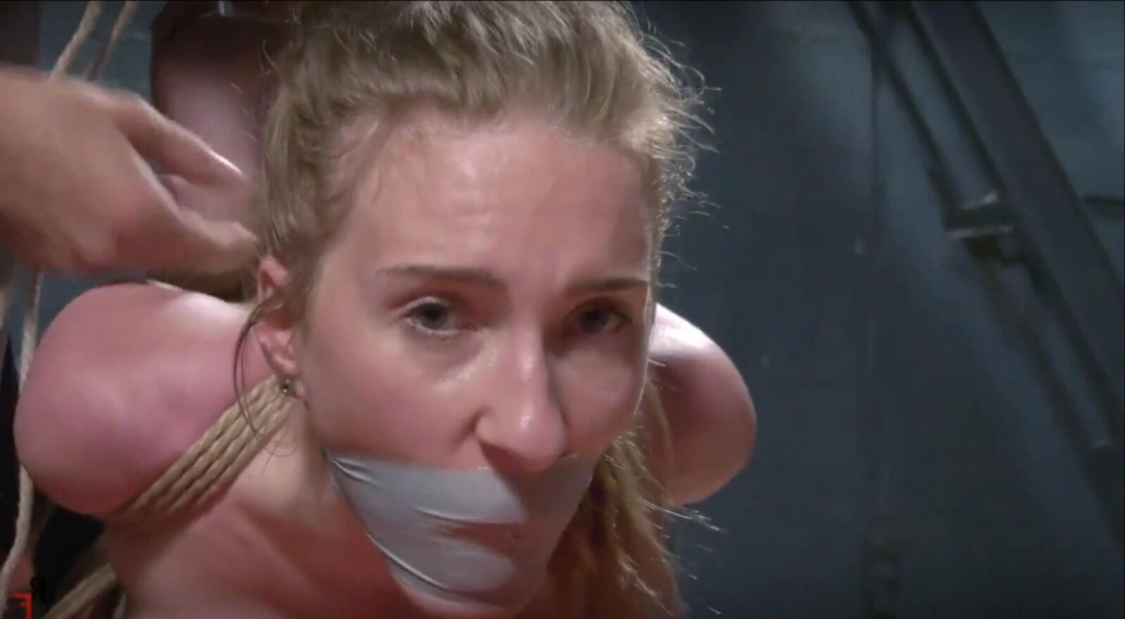 Blonde slavegirl hogtied and hair tied